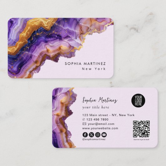 Modern paarse agaat gouden marmer & QR Code Logo Visitekaartje (Voorkant / Achterkant)