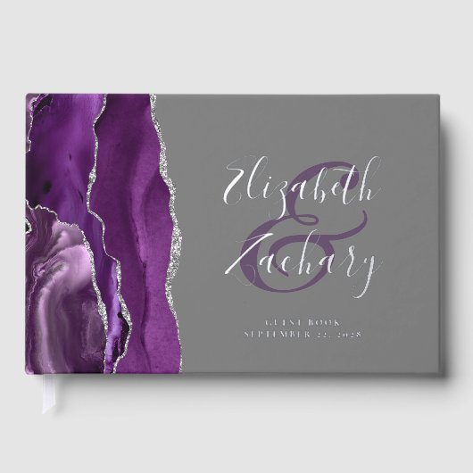 Modern Paarse Agaat Silver Script Grijs Gastenboek (Voorkant)