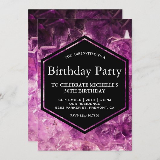Modern Paarse Amethyst Gemstone Birthday Party Kaart (Voorkant / Achterkant)