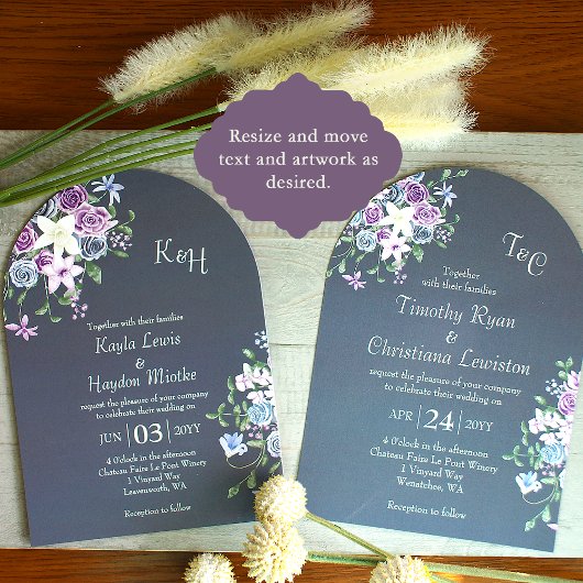 Modern Paarse, blauw, grijs Roos tuin bruiloft Kaart