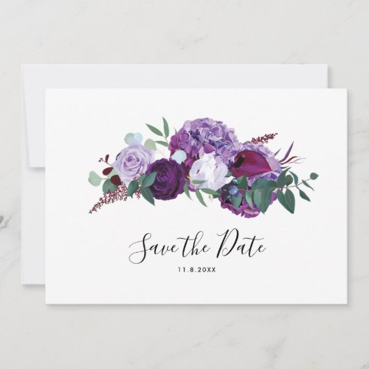 Modern Paarse Bloemen Botanisch Script Save The Date (Voorkant)