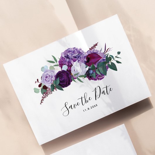 Modern Paarse Bloemen Botanisch Script Save The Date