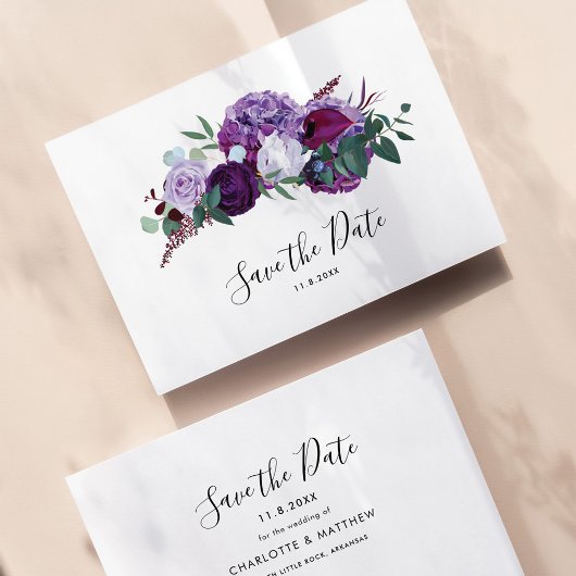 Modern Paarse Bloemen Botanisch Script Save The Date
