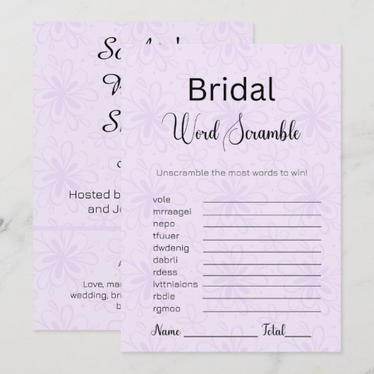 Modern Paarse Bloemen Bruids Woord Scramble Game Kaart (Voorkant / Achterkant)