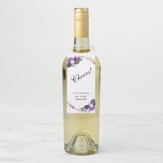 Modern Paarse Bloemen Geometrisch Proost Bruiloft Flessenhanger (Op fles)