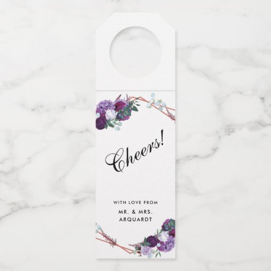 Modern Paarse Bloemen Geometrisch Proost Bruiloft Flessenhanger (Voorkant)