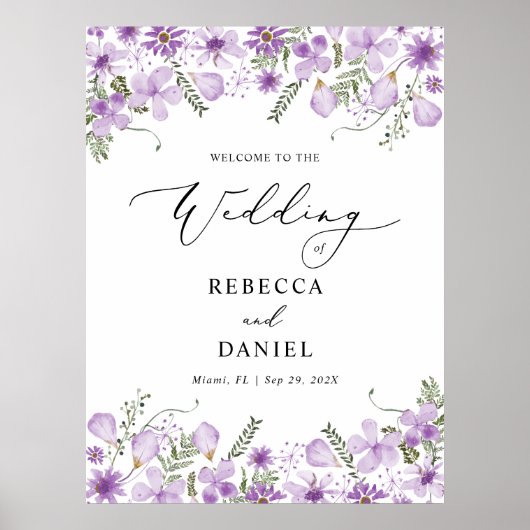 Modern Paarse Bloemen Welkom op ons bruiloft Poste Poster (Voorkant)
