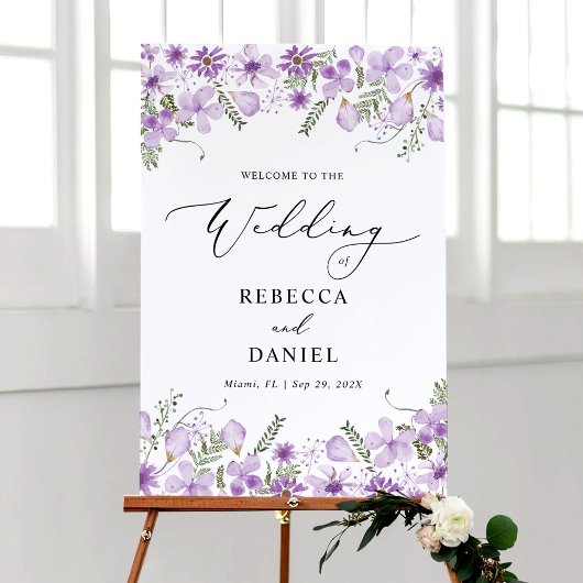 Modern Paarse Bloemen Welkom op ons bruiloft Poste Poster