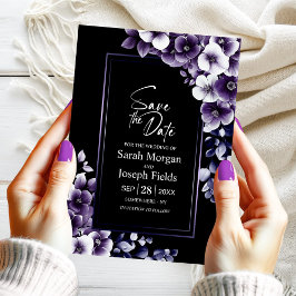 Modern Paarse Bloemen Zwart Save the Date Kaart