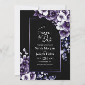 Modern Paarse Bloemen Zwart Save the Date Kaart (Voorkant)