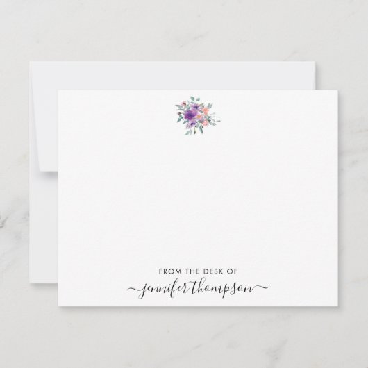Modern Paarse Blush Bloemen Waterverf Script Swash Notitiekaartje (Voorkant)