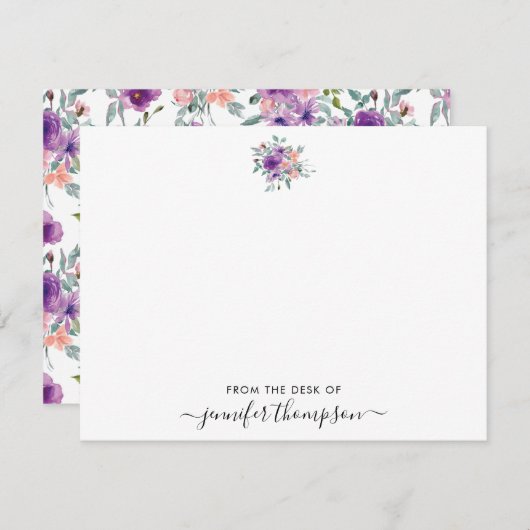 Modern Paarse Blush Bloemen Waterverf Script Swash Notitiekaartje (Voorkant / Achterkant)