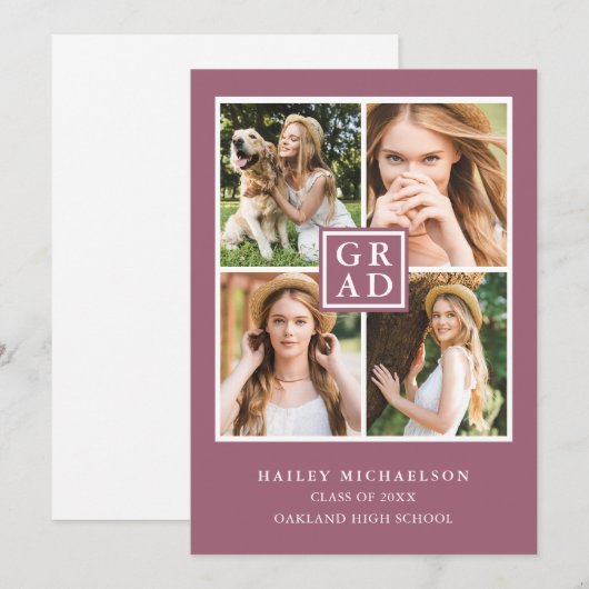 Modern Paarse Cassis Fotocollage Afstuderen Aankondiging (Voorkant / Achterkant)