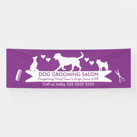 Modern Paarse Dog Silhouette Dog Grooming Salon Spandoek (Horizontaal)