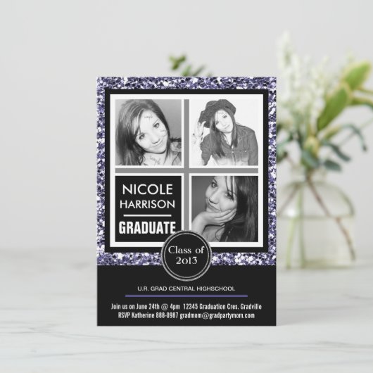 Modern Paarse Faux Glitter 3 Foto Afstuderen Kaart (Staand voorkant)