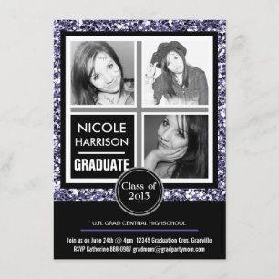 Modern Paarse Faux Glitter 3 Foto Afstuderen Kaart