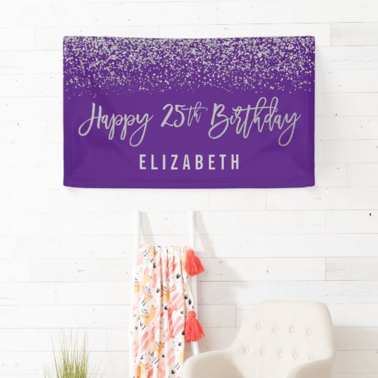 Modern Paarse Faux Silver Glitter 25th Birthday Spandoek (Insitu)