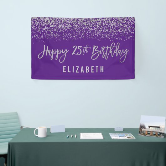 Modern Paarse Faux Silver Glitter 25th Birthday Spandoek (Beurs)