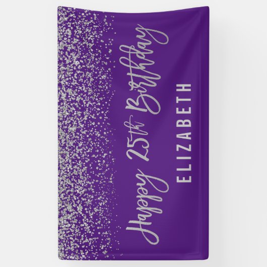 Modern Paarse Faux Silver Glitter 25th Birthday Spandoek (Verticaal)