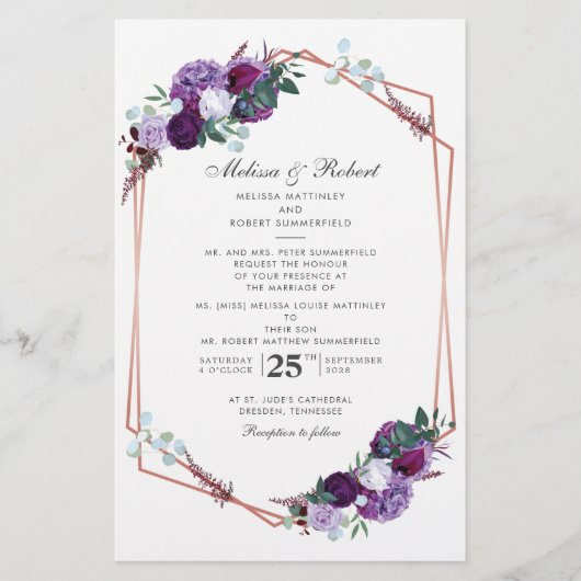 Modern Paarse Floral Geometric Wedding Uitnodiging Briefpapier (Voorkant)