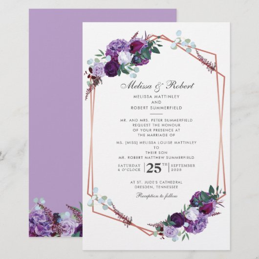 Modern Paarse Floral Geometric Wedding Uitnodiging Briefpapier (Voorkant / Achterkant)