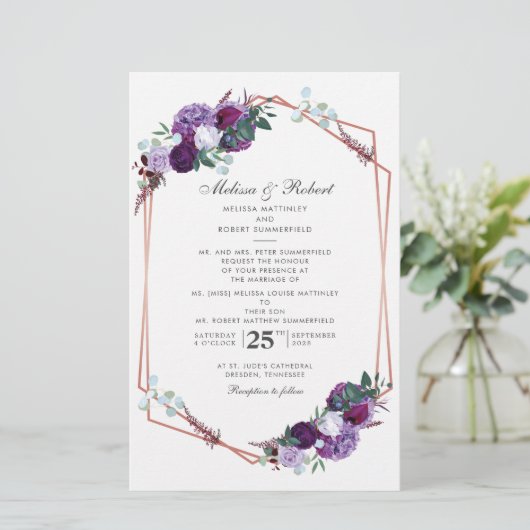 Modern Paarse Floral Geometric Wedding Uitnodiging Briefpapier (Staand voorkant)