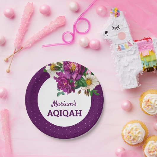 Modern Paarse Floral Polka Dots Aqiqah Papieren Bordje (Feest)