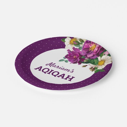 Modern Paarse Floral Polka Dots Aqiqah Papieren Bordje (Gekanteld)