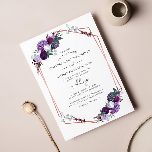 Modern Paarse Geometrische Roze Gouden Bloemen Bru Kaart