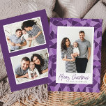 Modern Paarse Glas in lood Vrolijk kerstfeest foto Feestdagenkaart<br><div class="desc">Stuur vakantiegroeten naar vrienden en familie met deze moderne kerstfotokaarten. Het ontwerp is voorzien van uw favoriete verticale familiefoto omlijst in wit met een achtergrond van gematteerd glas in waterverf in tinten van licht en donker paars. "Merry Christmas" staat hieronder in een donker paarse, met de hand geletterde borsteltekst. Personaliseer...</div>