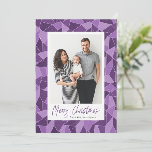 Modern Paarse Glas in lood Vrolijk kerstfeest foto Feestdagenkaart (Staand voorkant)
