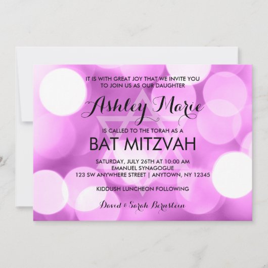 Modern Paarse glitter Lights Bat Mitzvah Kaart (Voorkant)