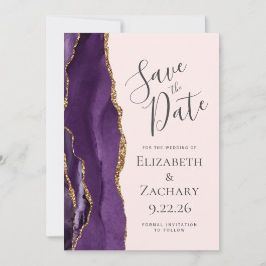 Modern Paarse Gold Agate Blush Pink Save the Date (Voorkant)
