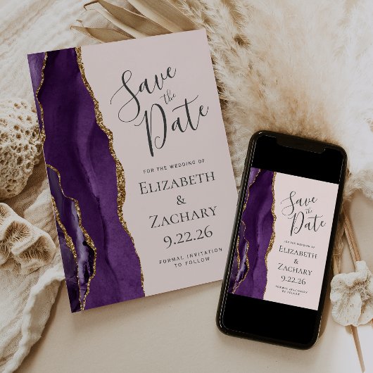 Modern Paarse Gold Agate Blush Pink Save the Date