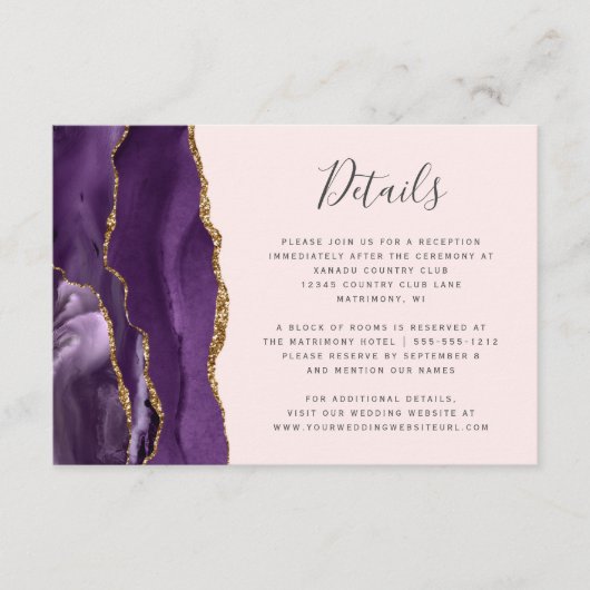 Modern Paarse Gold Agate Blush Wedding Details Informatiekaartje (Voorkant)