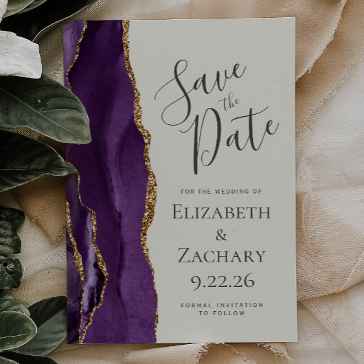 Modern Paarse Gouden Agaat Ivoor Save the Date