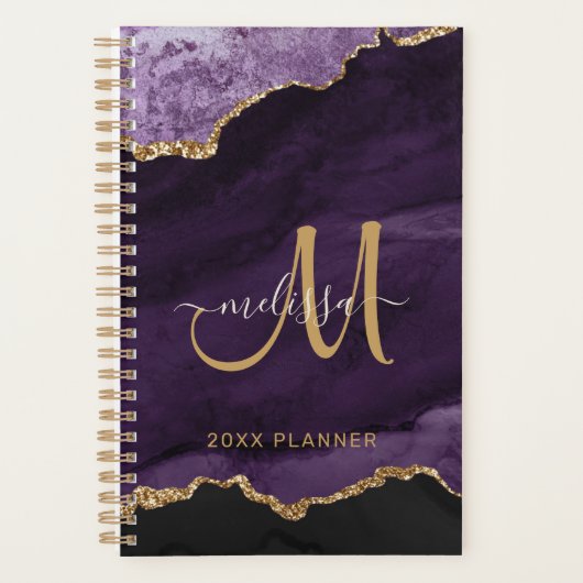 Modern Paarse Gouden Glitter Agaat Monogram 2024 Planner (Voorkant)