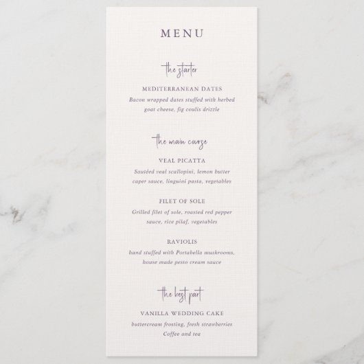 Modern Paarse handgeschreven script Elegant Weddin Menu (Voorkant)