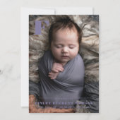 Modern Paarse Initiaal Introductie Nieuwe Baby Fot Aankondiging (Voorkant)
