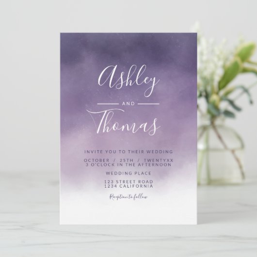 Modern paarse lavender waterverf script bruiloft kaart (Staand voorkant)