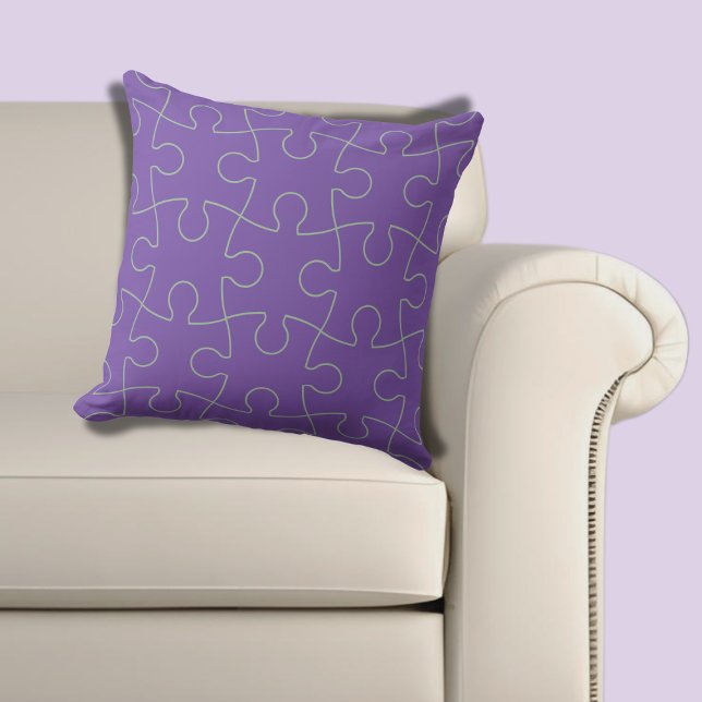 Modern Paarse & Lichtgroene puzzel patroon Kussen (Modern Purple & Light Green Jigsaw Puzzle Pattern Throw Pillow)