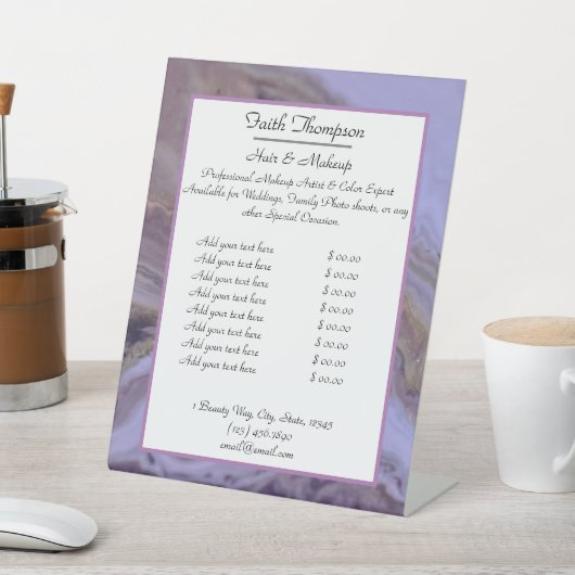 Modern Paarse Marmeren Haar Stylist Prijs Blad Reclamebord Met Voetstuk (Insitu)