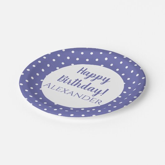 Modern Paarse poka Dots Name Birthday Party Papieren Bordje (Gekanteld)