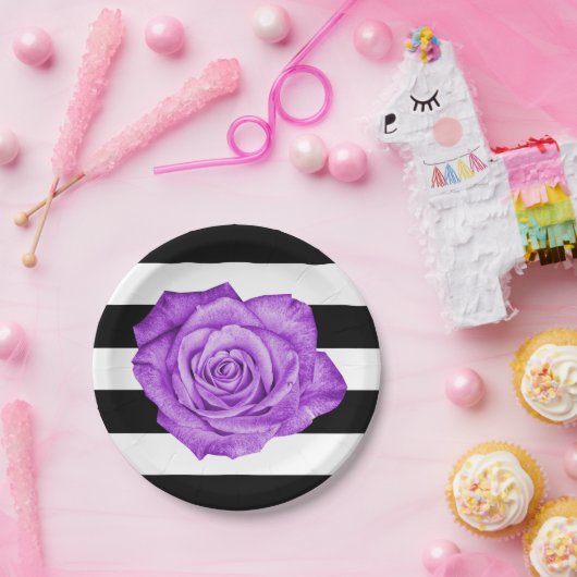 Modern Paarse Roos Zwart Wit Gestreept Bruiloft Papieren Bordje (Feest)