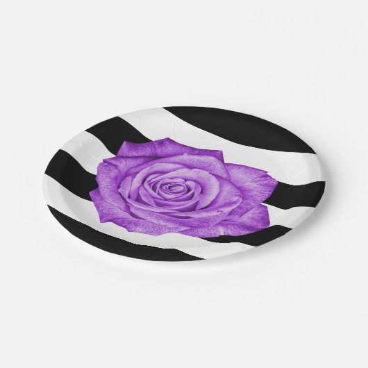 Modern Paarse Roos Zwart Wit Gestreept Bruiloft Papieren Bordje (Gekanteld)