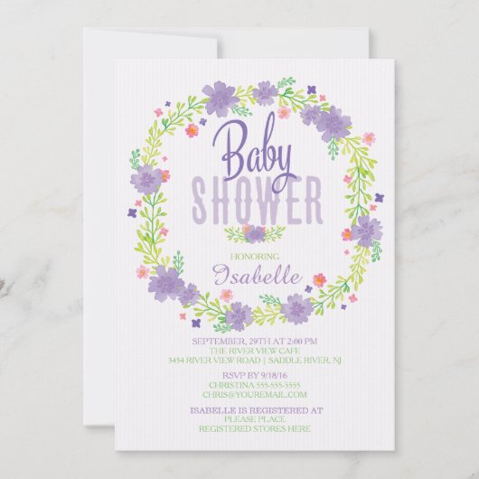 Modern Paarse roze bloemenkrans Baby shower Kaart (Voorkant)