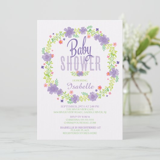 Modern Paarse roze bloemenkrans Baby shower Kaart (Staand voorkant)