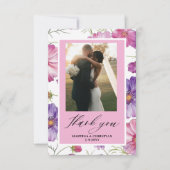 Modern Paarse Roze Bloesem Script Fotobruiloft Bedankkaart (Voorkant)