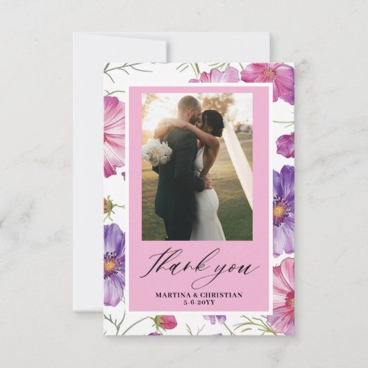 Modern Paarse Roze Bloesem Script Fotobruiloft Bedankkaart (Voorkant)