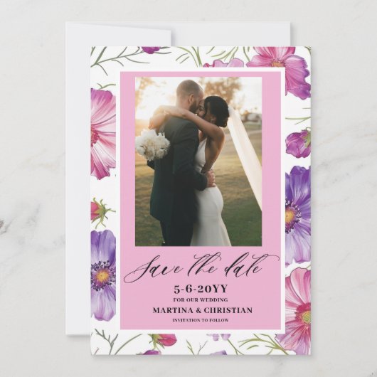 Modern Paarse Roze Bloesem Script Fotobruiloft Save The Date (Voorkant)